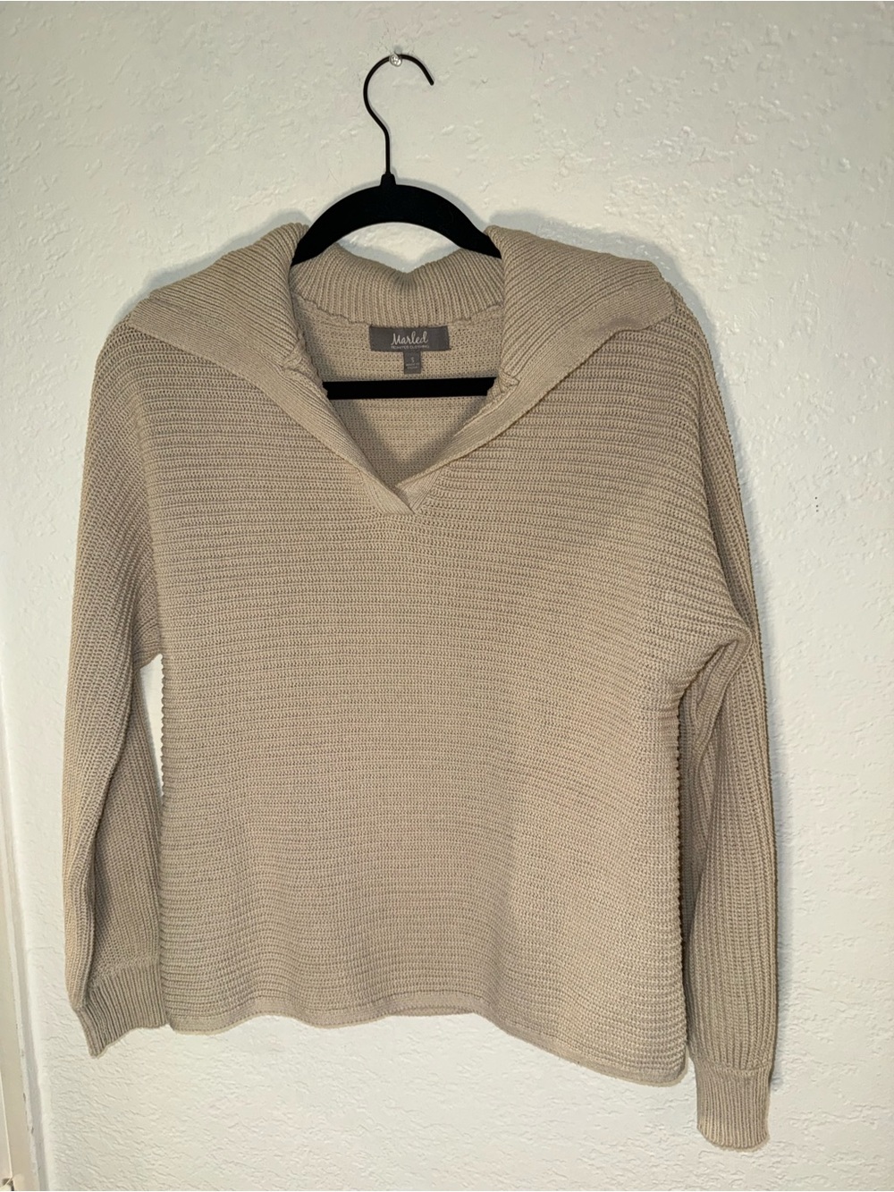 Marled Beige V-Neck Hooded Knit Sweater
